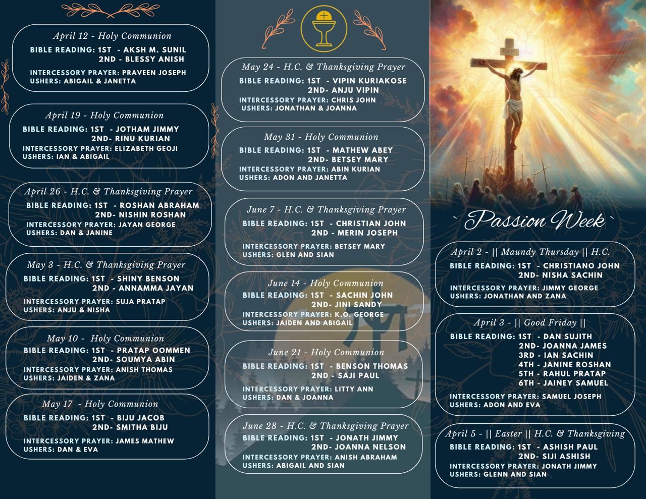 Full Parish Bulletin for Apr to Jun 2026 activity schedule