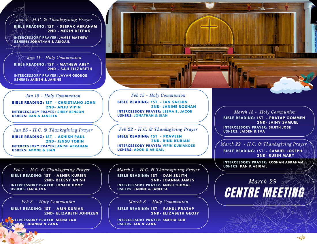 Full Parish Bulletin for Jan to Mar 2026 activity schedule